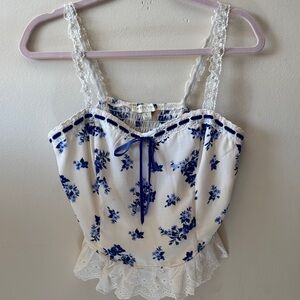 Thirty Thirty LA- Blue Floral Lace-Trim Cami Top-sz Lg